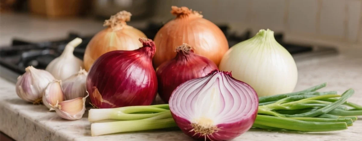 erilajisia sipuleita pöydällä, yksi punasipuli halkaistuna